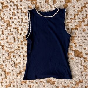 Navy Blue Sleeveless Top with White Trim